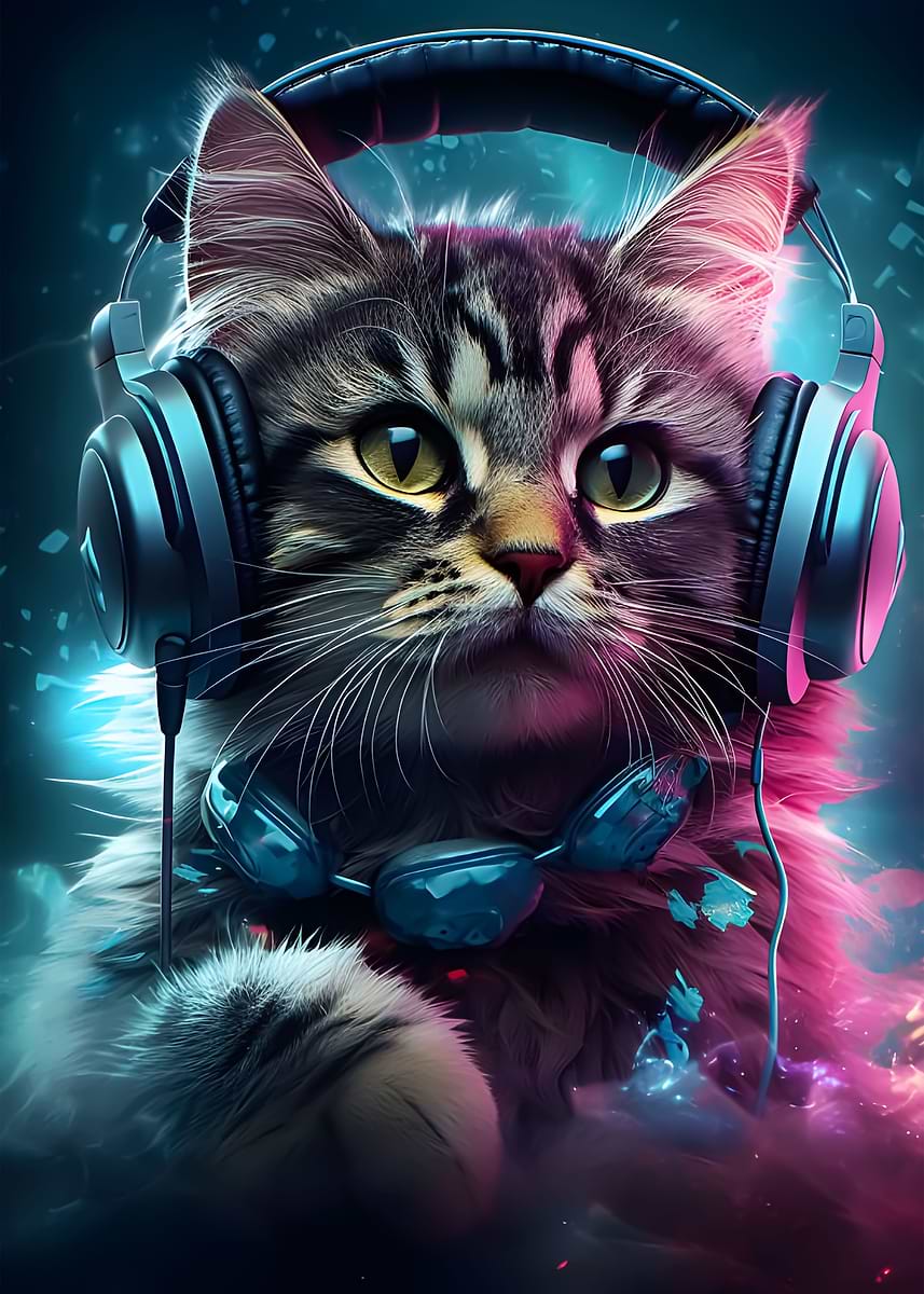 Gaming Cat' Poster, picture, metal print, paint by Kart Jason