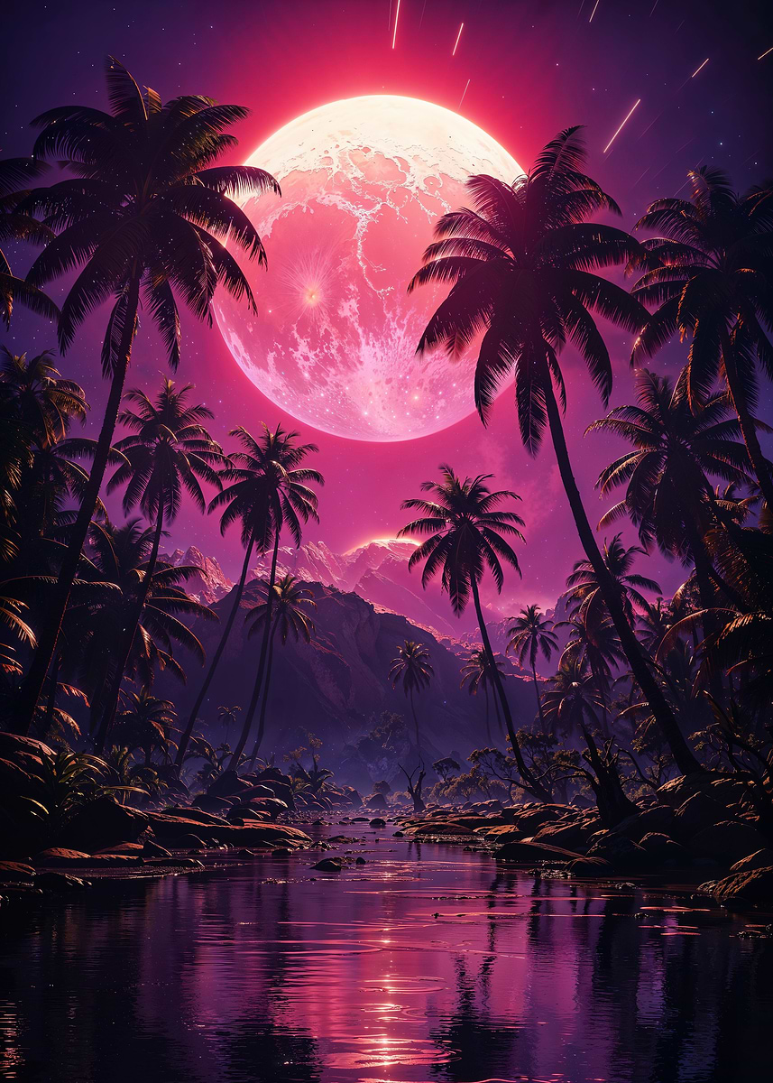 Tropical Moonrise Palms — from the Alien Worlds collection, a Pixaverse metal print