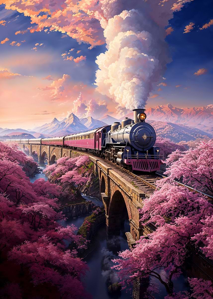 Vintage Sakura Steam Train — from the Soul Of Japan collection, a Pixaverse metal print