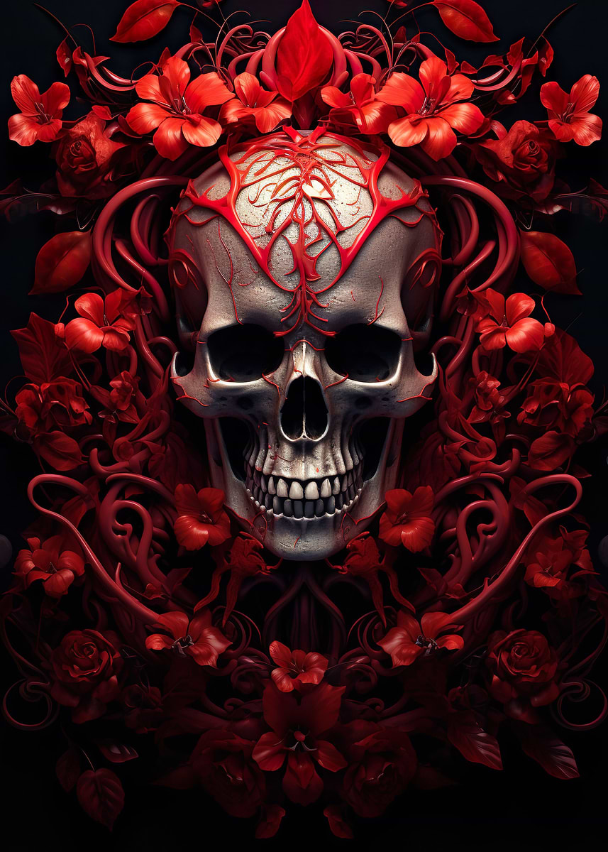 Red roses Skull' Poster, picture, metal print, paint by Veraaaa