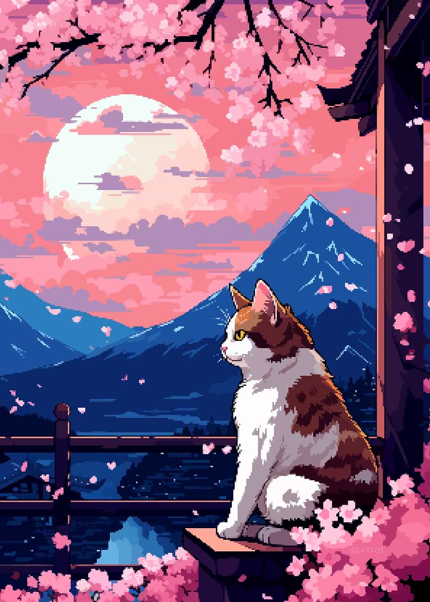 Displate ディスプレイット化け猫　メタルポースター Zen Japanese Cat Pixel Art' Poster, picture, metal print