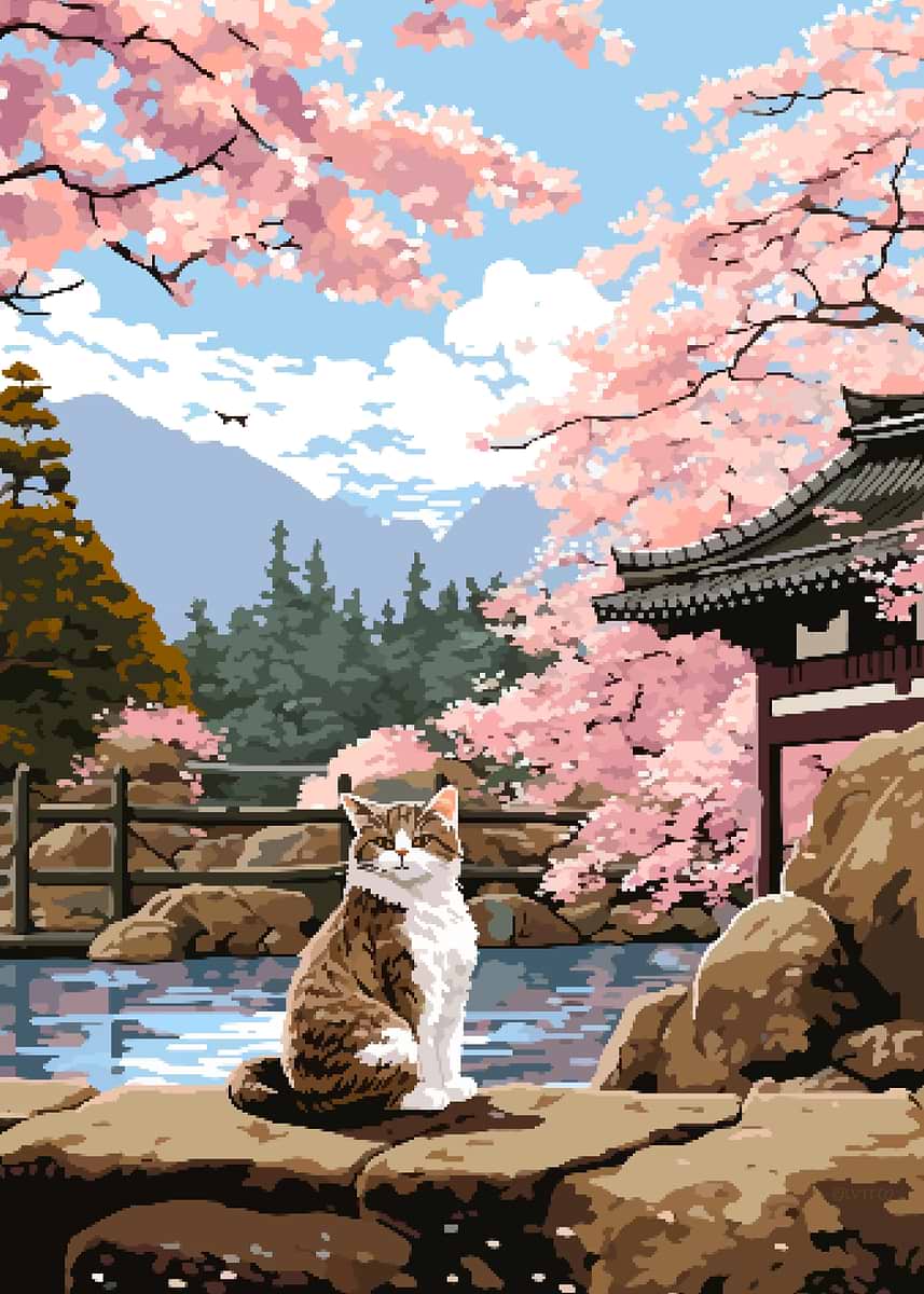 Cat Japan Sakura Pixel Art' Poster, picture, metal print, paint by