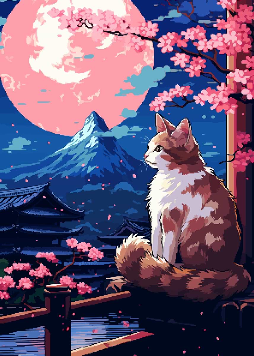 sakura catページ Japan Cat Sakura Pixel Art' Poster, picture, metal print, paint by
