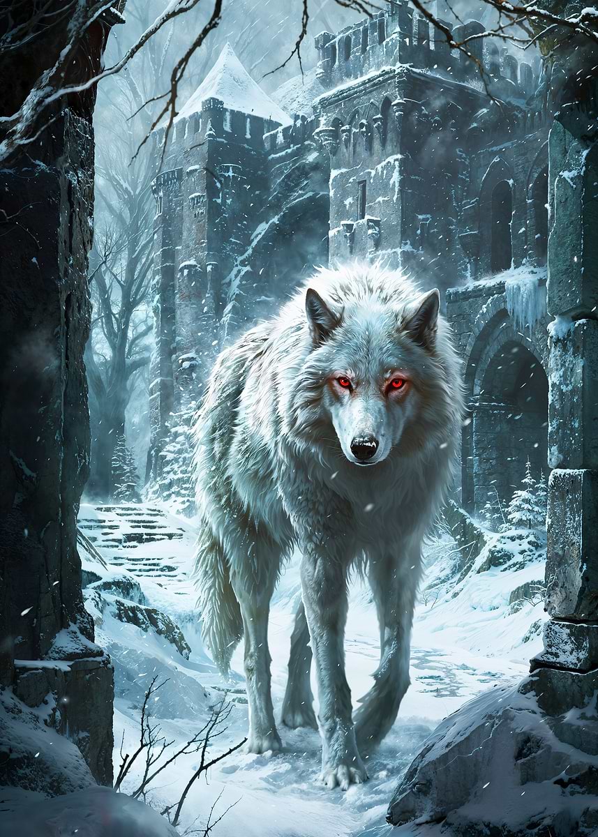 White Dire Wolf Snow Watch — from the Forgotten Fantasy Realms collection, a Pixaverse metal print
