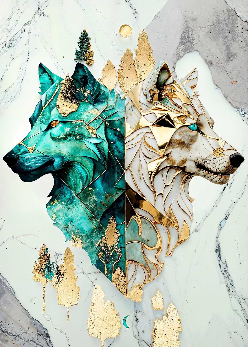 Legends of Kintsugi Wolves — from the Abstract Nature Kintsugi collection, a Pixaverse metal print