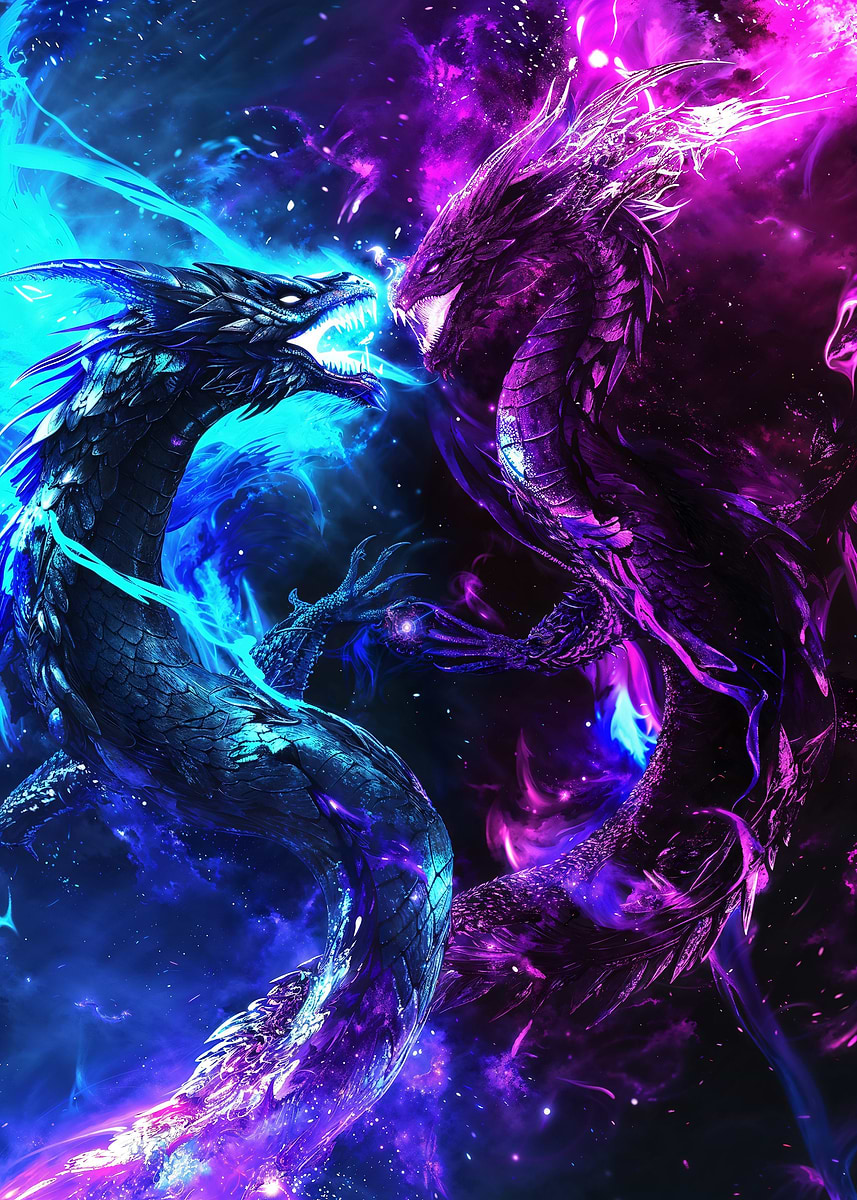 Cosmic Dragon Battle — from the Cosmic Creatures collection, a Pixaverse metal print