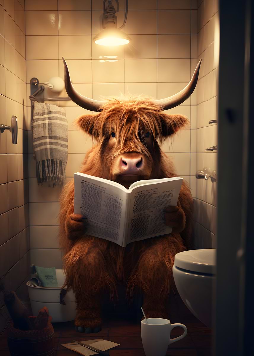 'Highland Cow on the Toilet' Poster, picture, metal print, paint by ...