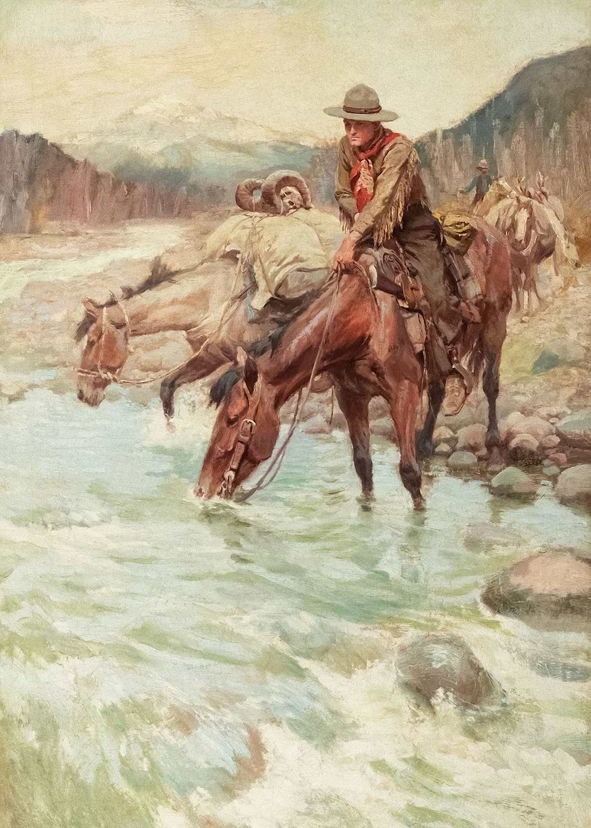 'Hunters Crossing The River' Poster, picture, metal print, paint by ...
