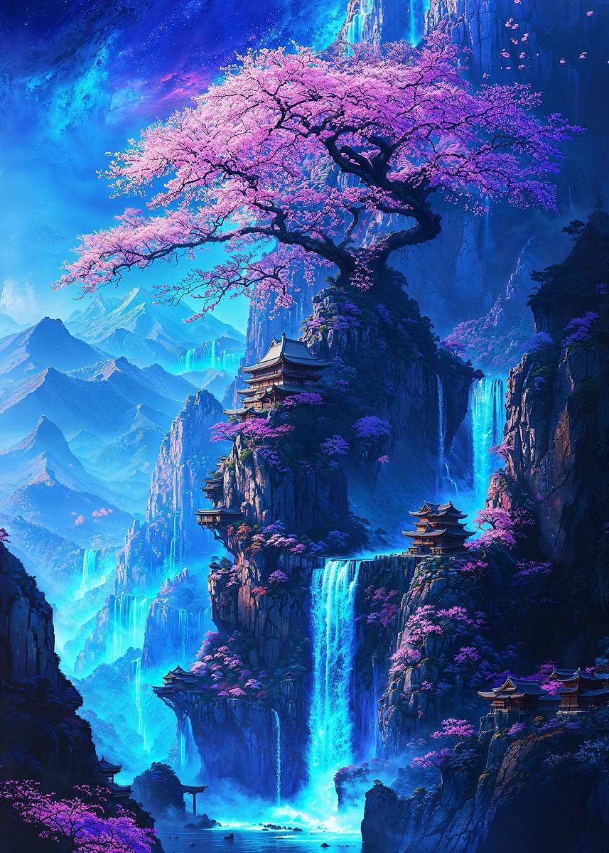 Sakura Dreamscape Temple — from the Soul Of Japan collection, a Pixaverse metal print