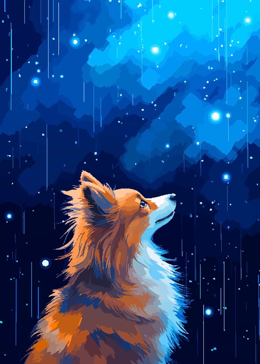 Fox in Rain Pixel Art' Poster, picture, metal print, paint by