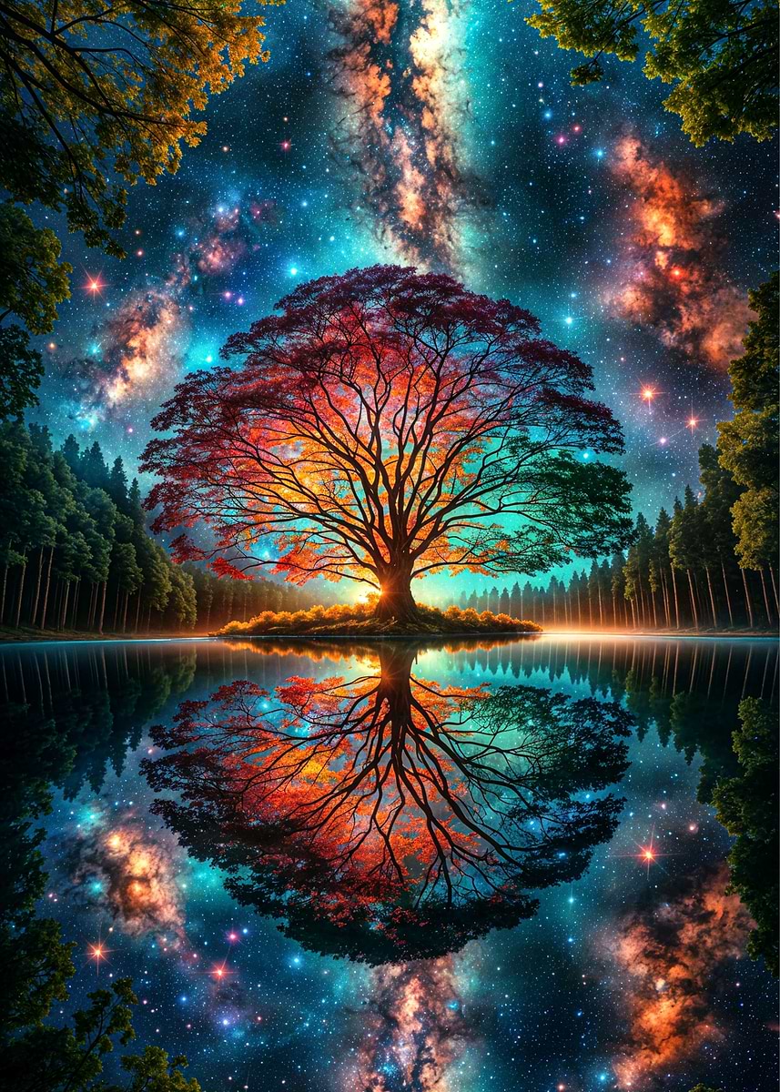 The artwork presents a surreal and vibrant landscape featuring a majestic tree at its center. Its branches are adorned with a myriad of colorful leaves, resembling a celestial constellation