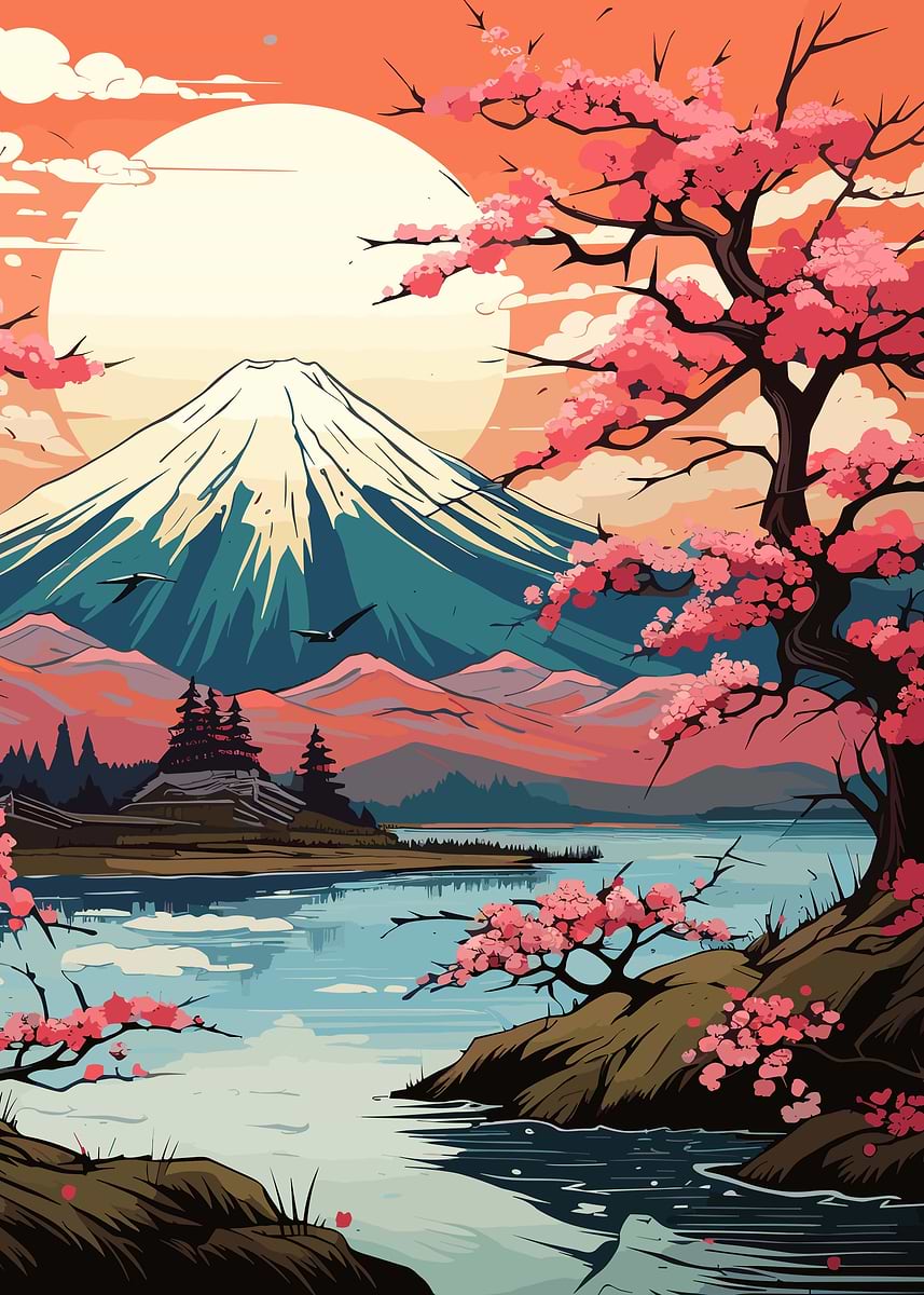 sakura japan mountain' Poster, picture, metal print, paint by