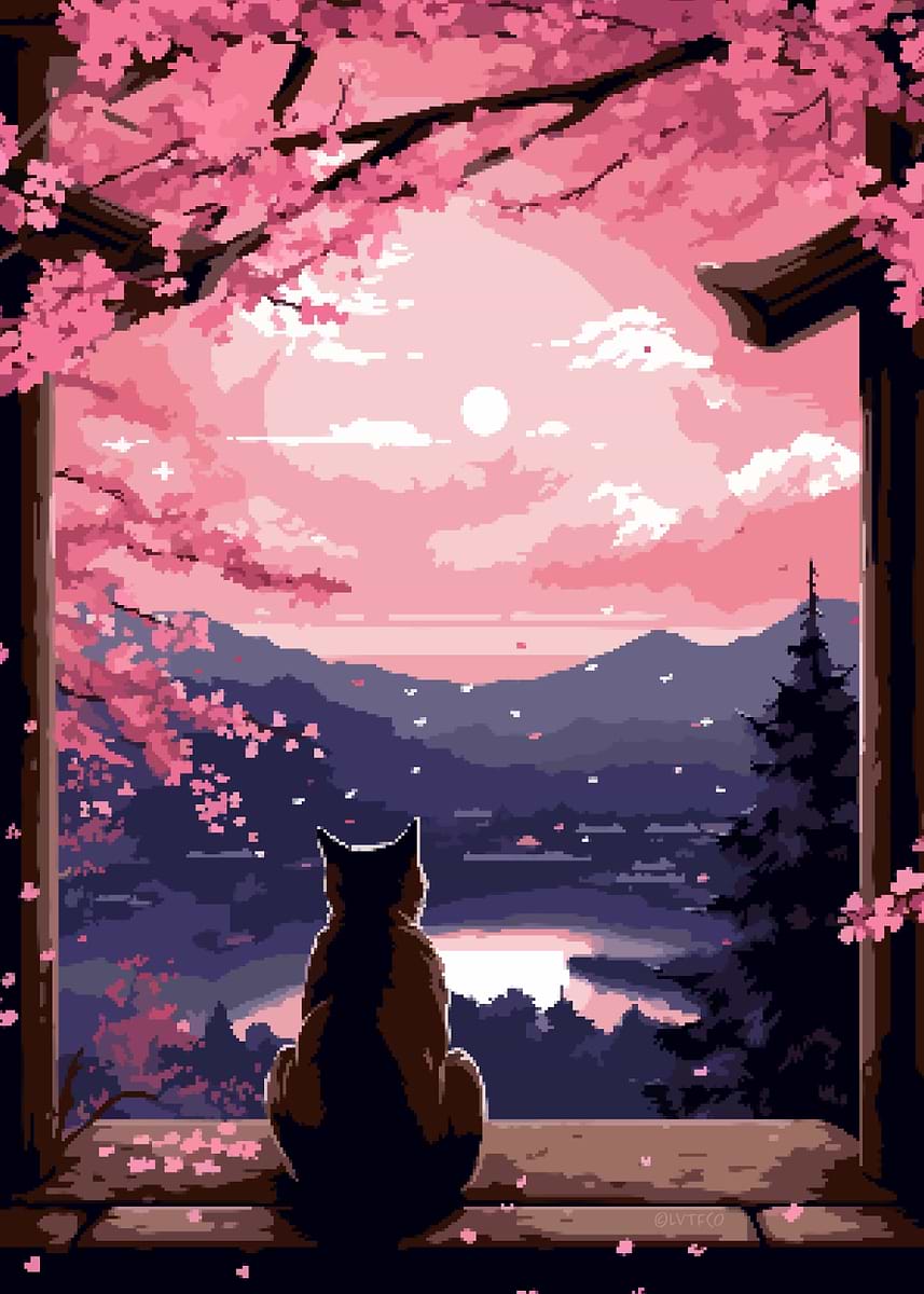 Sakura Zen Cat Pixel Art' Poster, picture, metal print, paint by