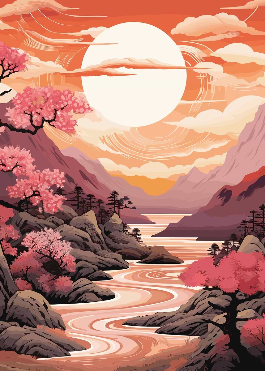 sakura japan mountain' Poster, picture, metal print, paint by