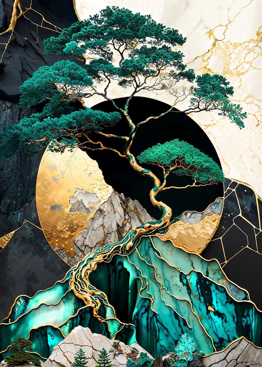 Golden Bonsai Tree Summit — from the Abstract Nature Kintsugi collection, a Pixaverse metal print
