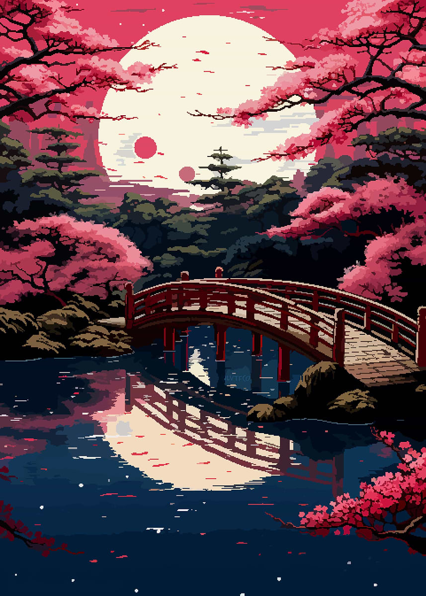 Sakura Garden Pixel Art' Poster, picture, metal print, paint by