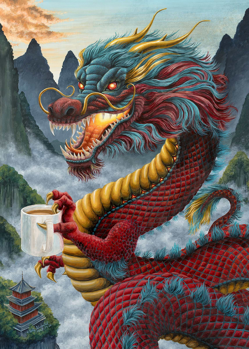 Zhulong Coffee Dragon' Poster, picture, metal print, paint by