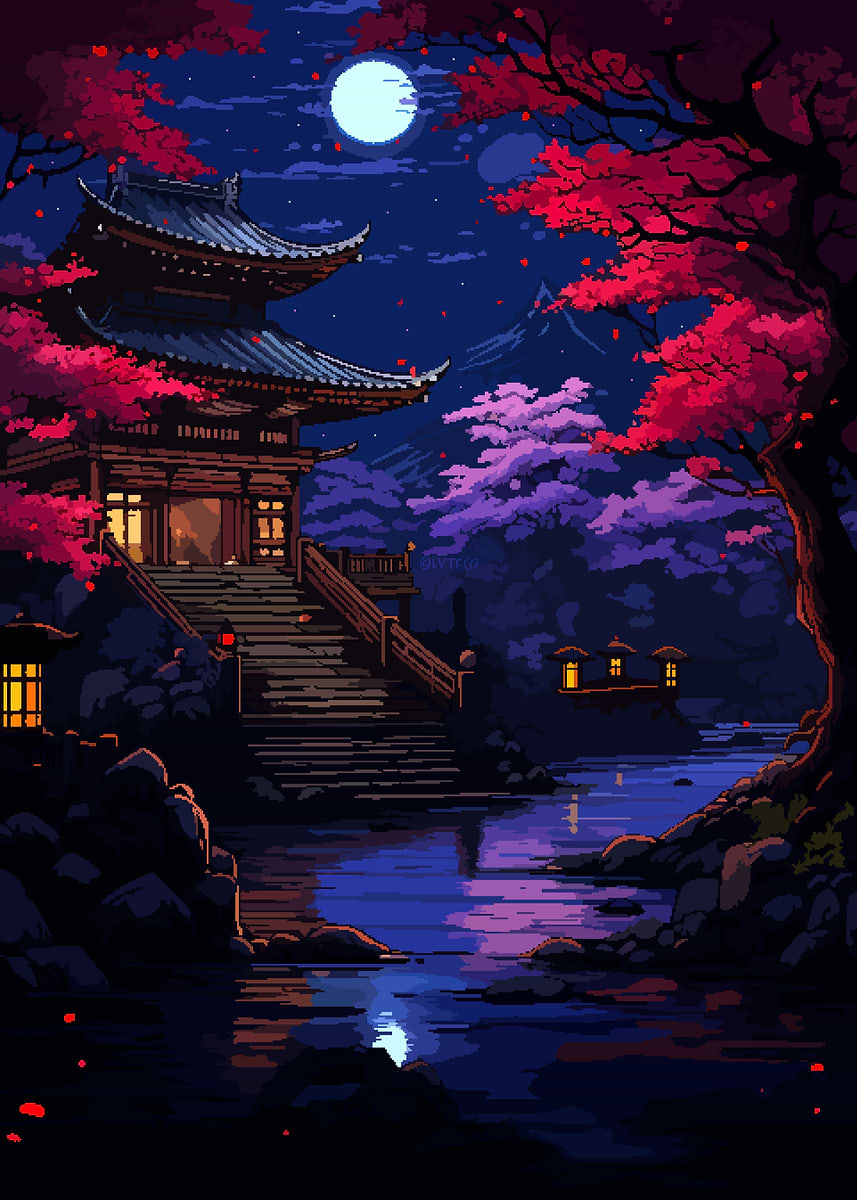 Zen Sakura Japan Pixel Art' Poster, picture, metal print, paint by