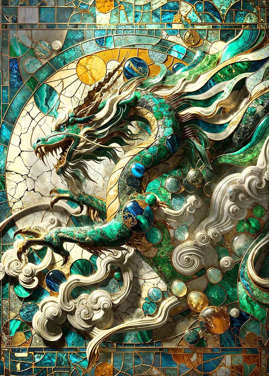 Asian Jade Dragon Kintsugi — from the Abstract Nature Kintsugi collection, a Pixaverse metal print