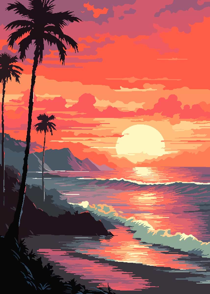 Hawaiian Sunset Pixel Art' Poster, picture, metal print, paint by