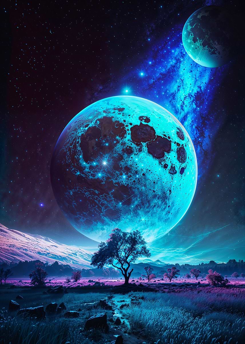 Lunar Vista Space Fantasy — from the Alien Worlds collection, a Pixaverse metal print