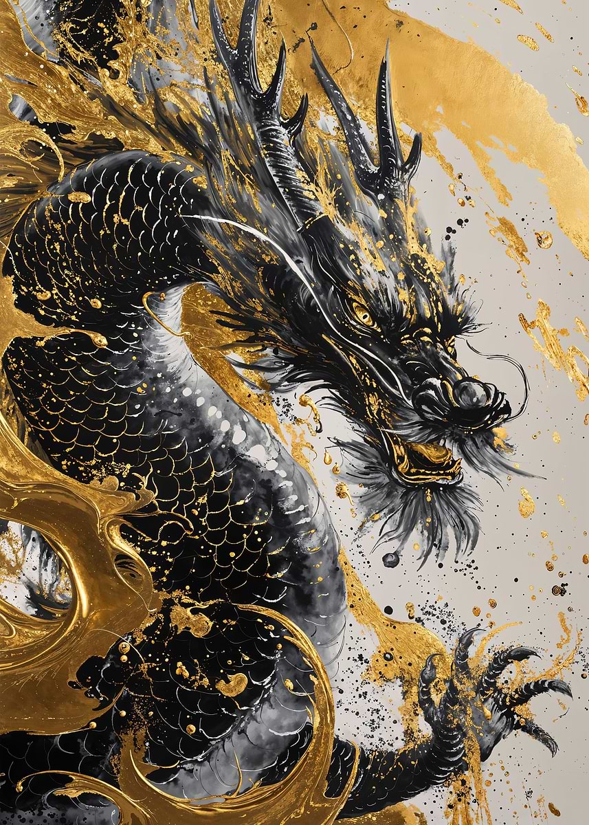 Chinese Dragon Gold Ink — from the Dragons Lair collection, a Pixaverse metal print