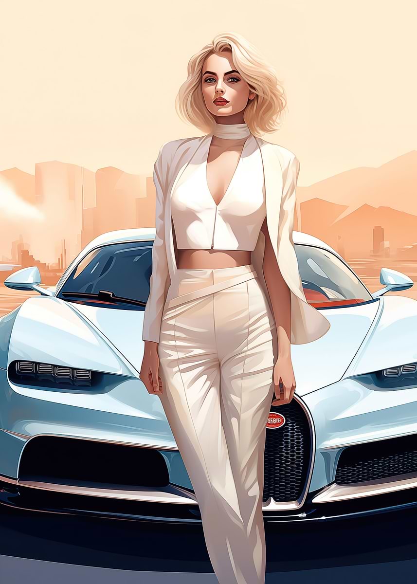 Girl and Bugatti car' Poster, picture, metal print, paint by Roman