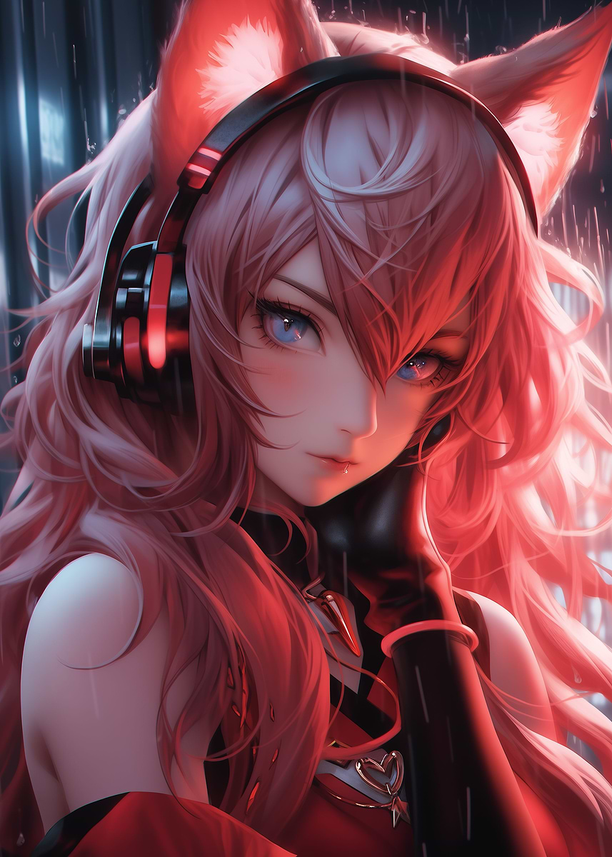 Cat Girl with Headphone' Poster, picture, metal print, paint by