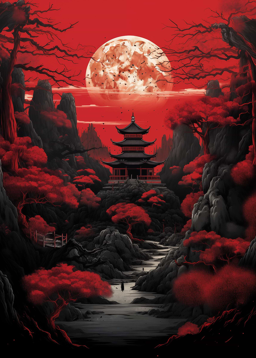 Red Moon Japan' Poster, picture, metal print, paint by ELYussArt