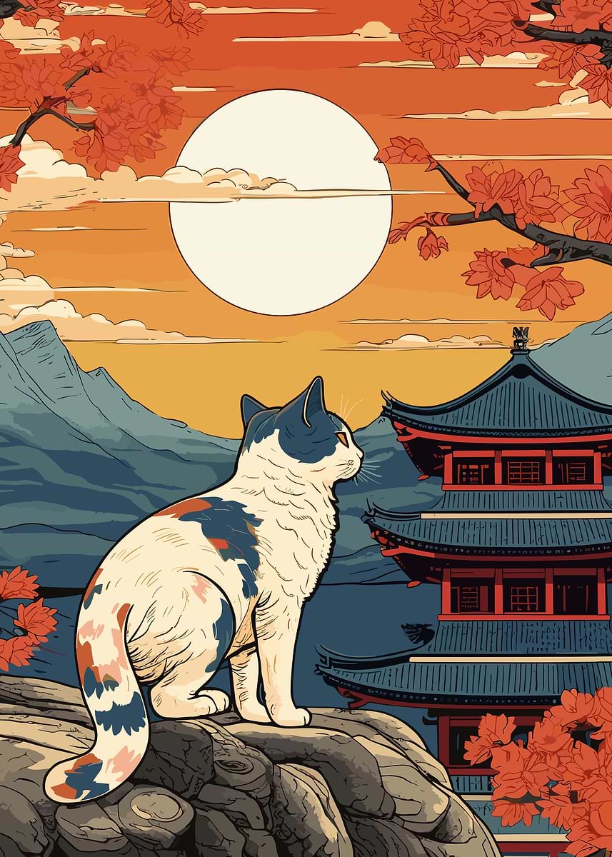Cat Japanese Landscape' Poster, picture, metal print, paint