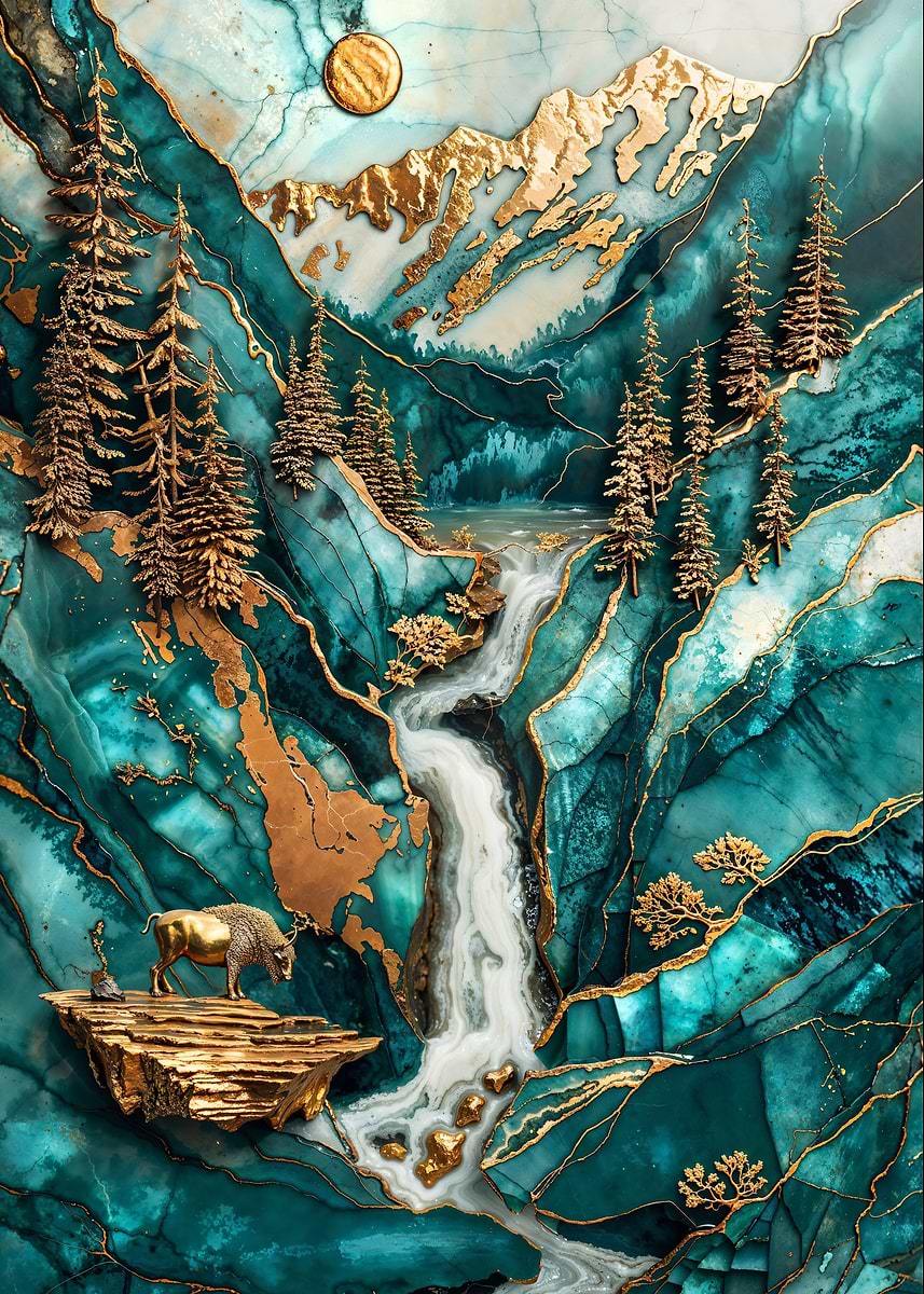 Yellowstone River Kintsugi — from the Abstract Nature Kintsugi collection, a Pixaverse metal print