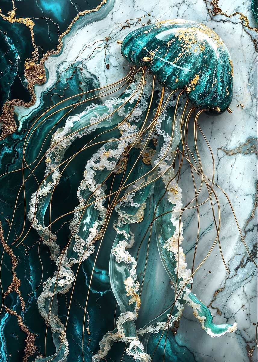 Abstract Jade Jellyfish — from the Abstract Nature Kintsugi collection, a Pixaverse metal print