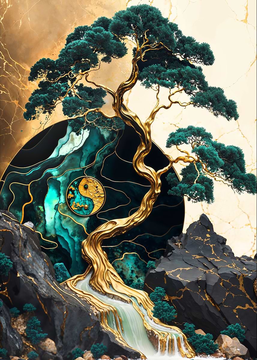 Yin and Yang Bonsai Tree — from the Abstract Nature Kintsugi collection, a Pixaverse metal print