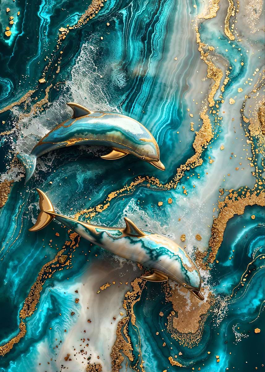 Golden Dolphins Dance Art — from the Abstract Nature Kintsugi collection, a Pixaverse metal print