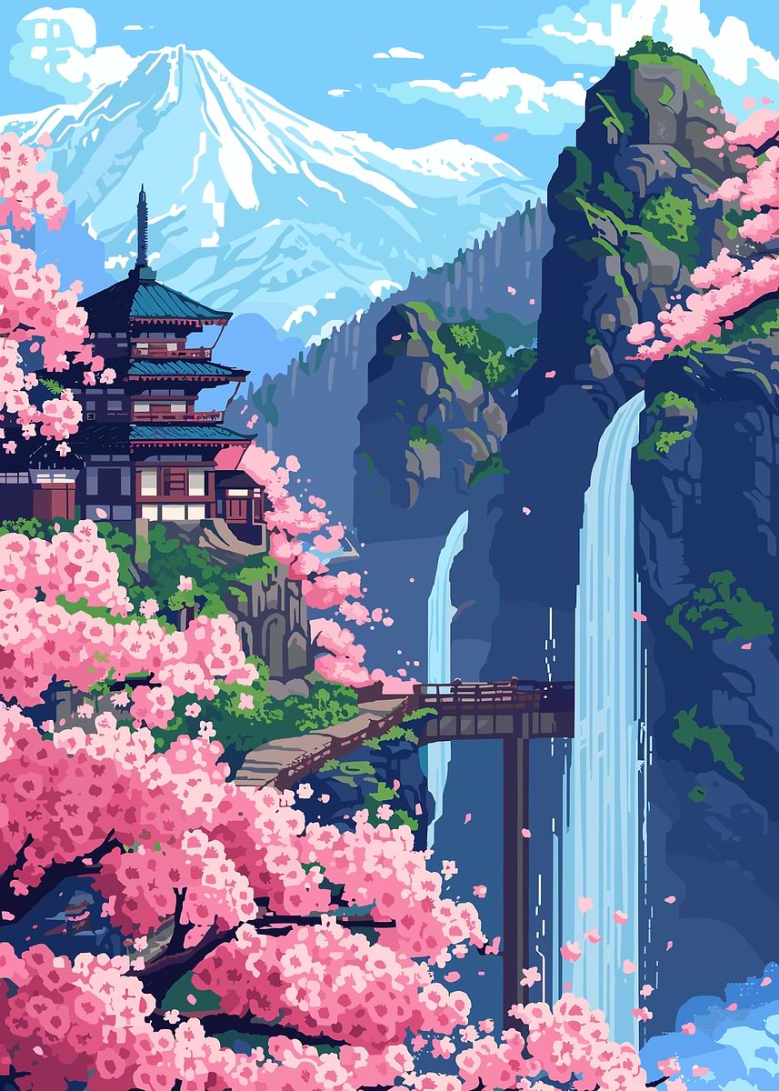 'Cherry Blossom Pixel Art' Poster, picture, metal print, paint by Mesh