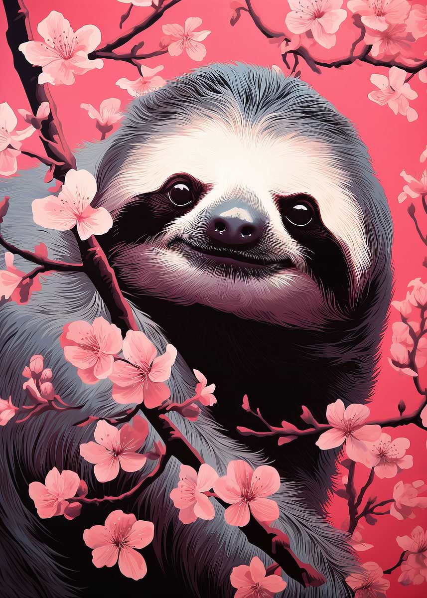 Sloth Japan 'Sloth Cherry Blossum Japan' Poster, picture, metal print, paint by ...