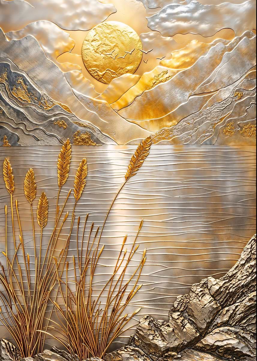 Golden Lake Sunset Art — from the Precious Metal Reforged collection, a Pixaverse metal print