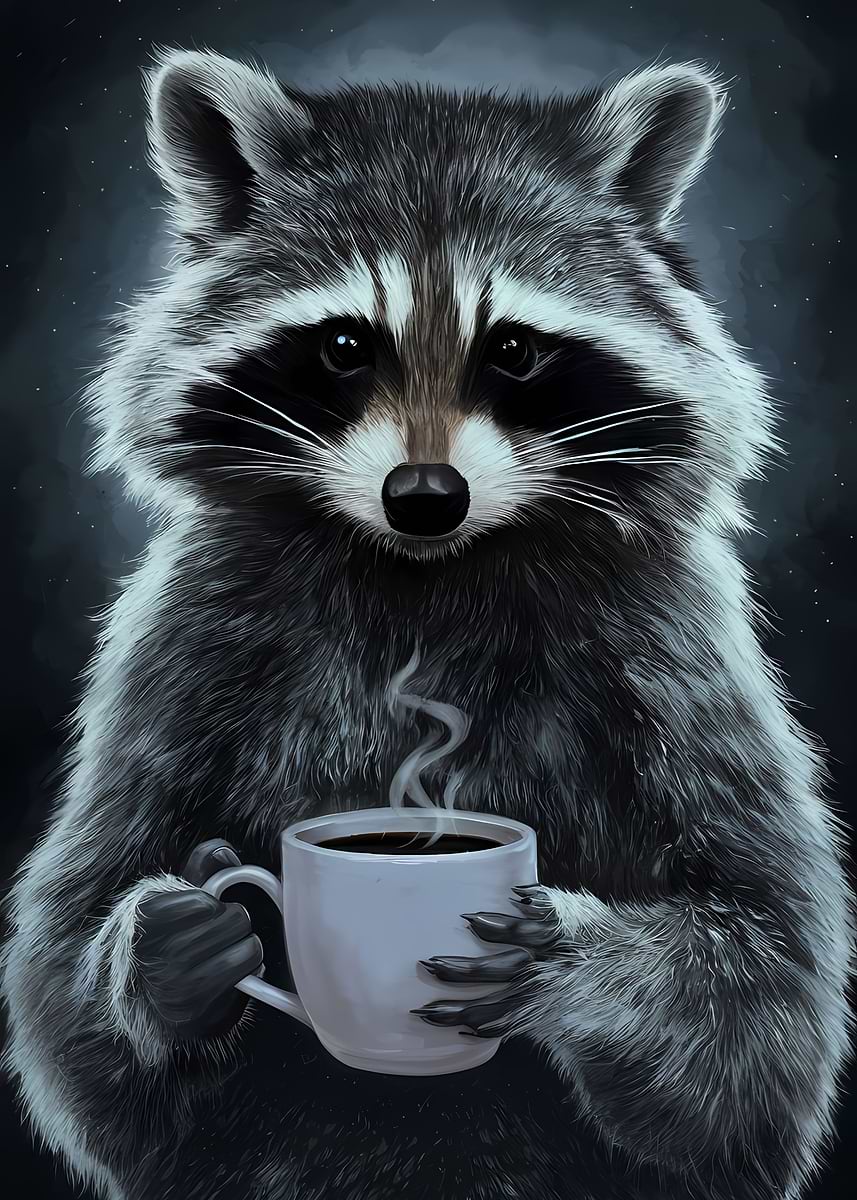 Expresso Racoons 'Raccoon and Coffee' Poster, picture, metal print, paint by ...