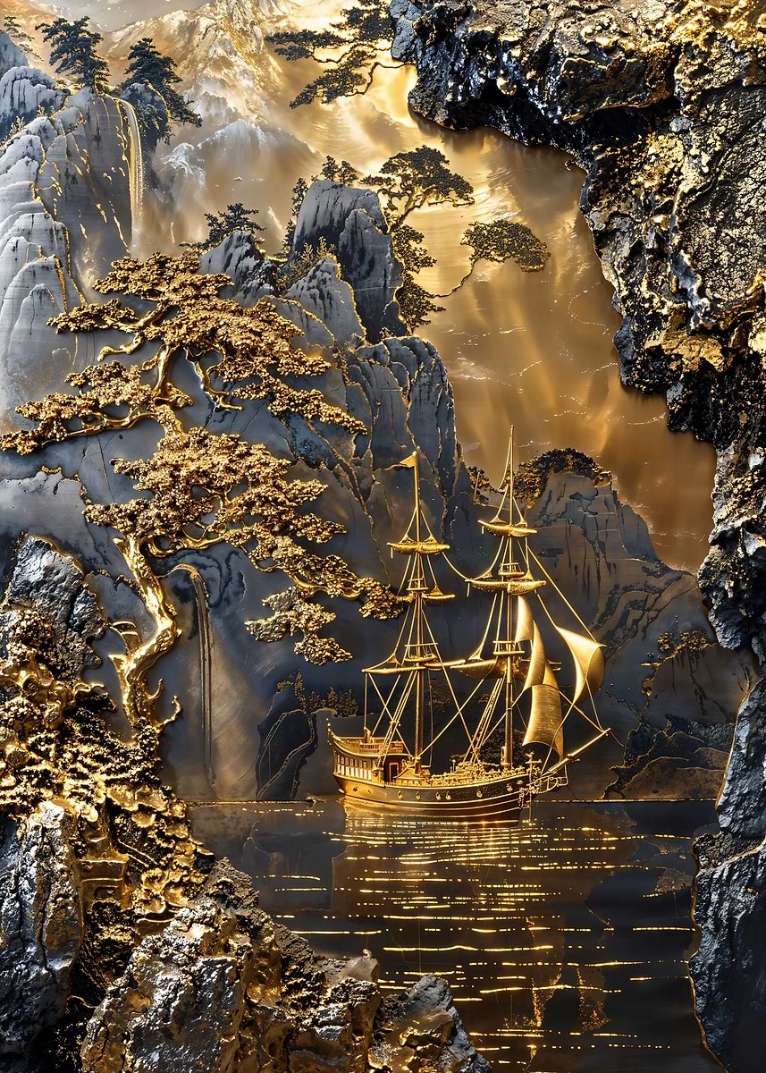 Golden Horizon Coastline — from the Precious Metal Reforged collection, a Pixaverse metal print
