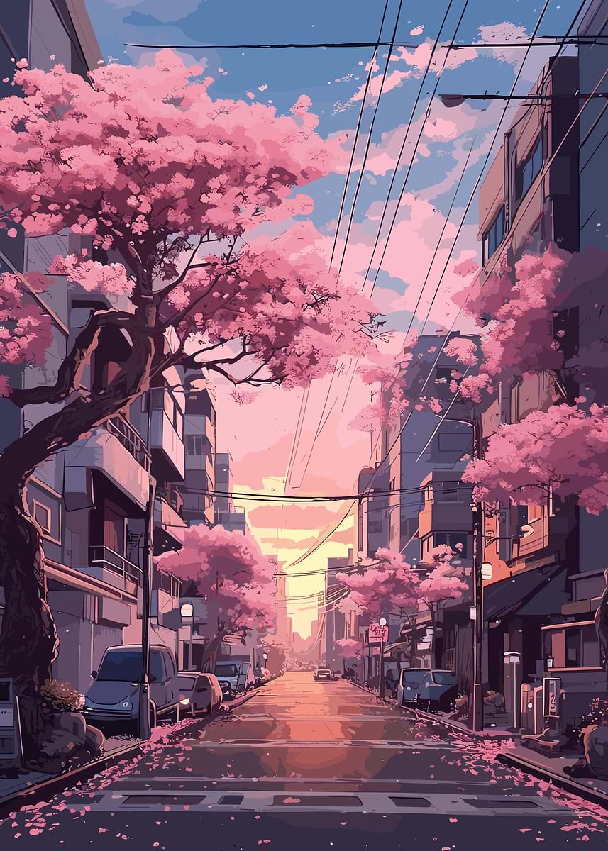 Japanese Street Sakura' Poster, picture, metal print, paint by