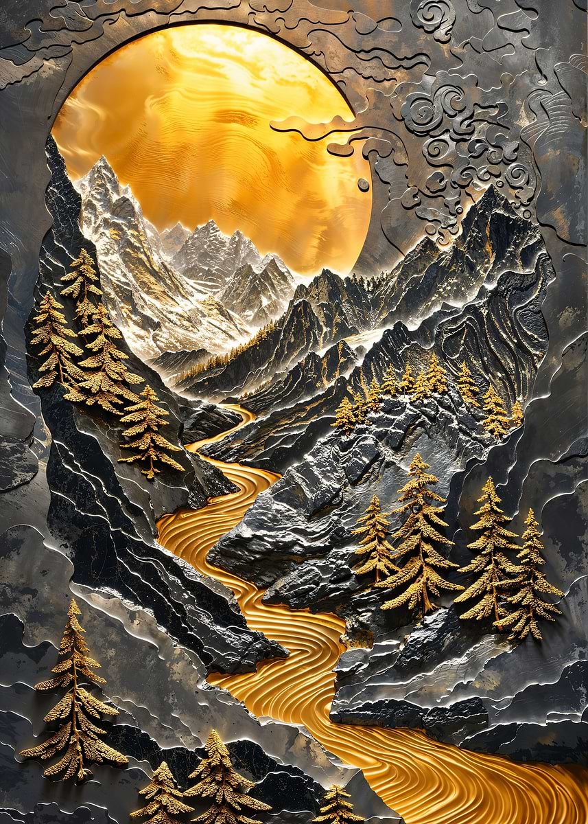 Golden River Sunset — from the Precious Metal Reforged collection, a Pixaverse metal print