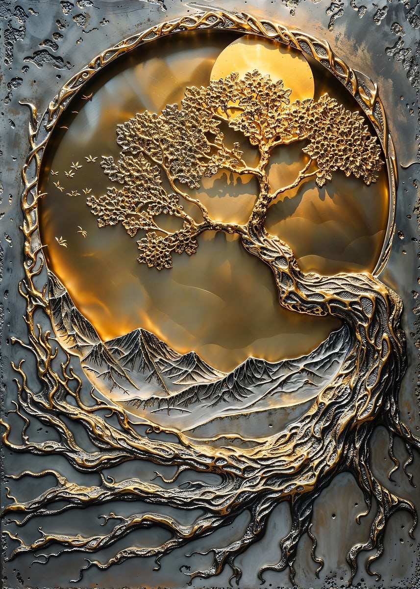 黄金の調和の木 DISPLATE メタリック ポスター ( #8833 ) Golden Mountain Tree ' Poster, picture, metal print, paint by