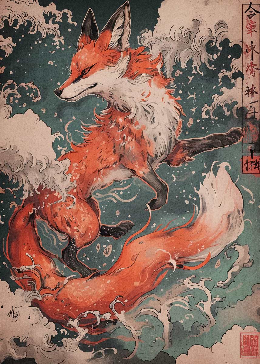 Kitsune Fox' Poster, picture, metal print, paint by Eira | Displate