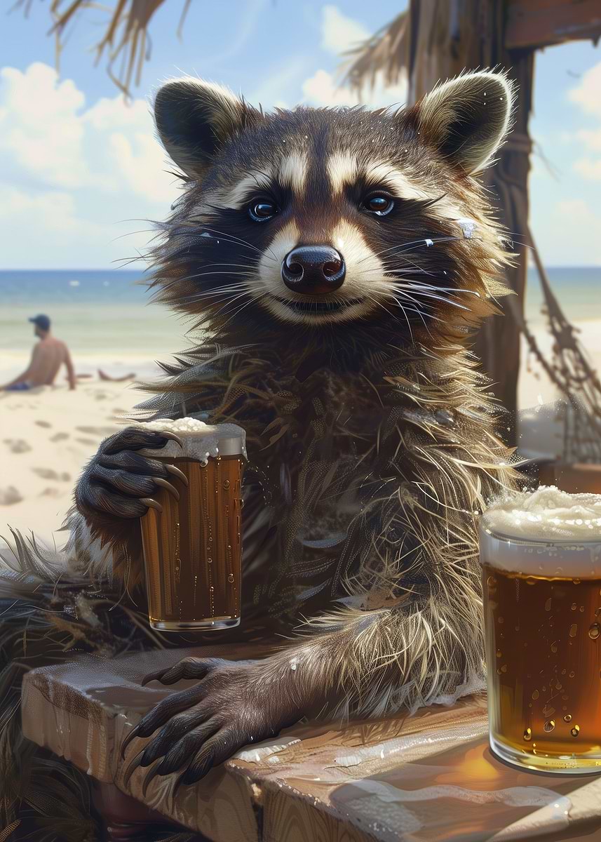 'Beach Beer Raccoon' Poster, picture, metal print, paint by An Art ...