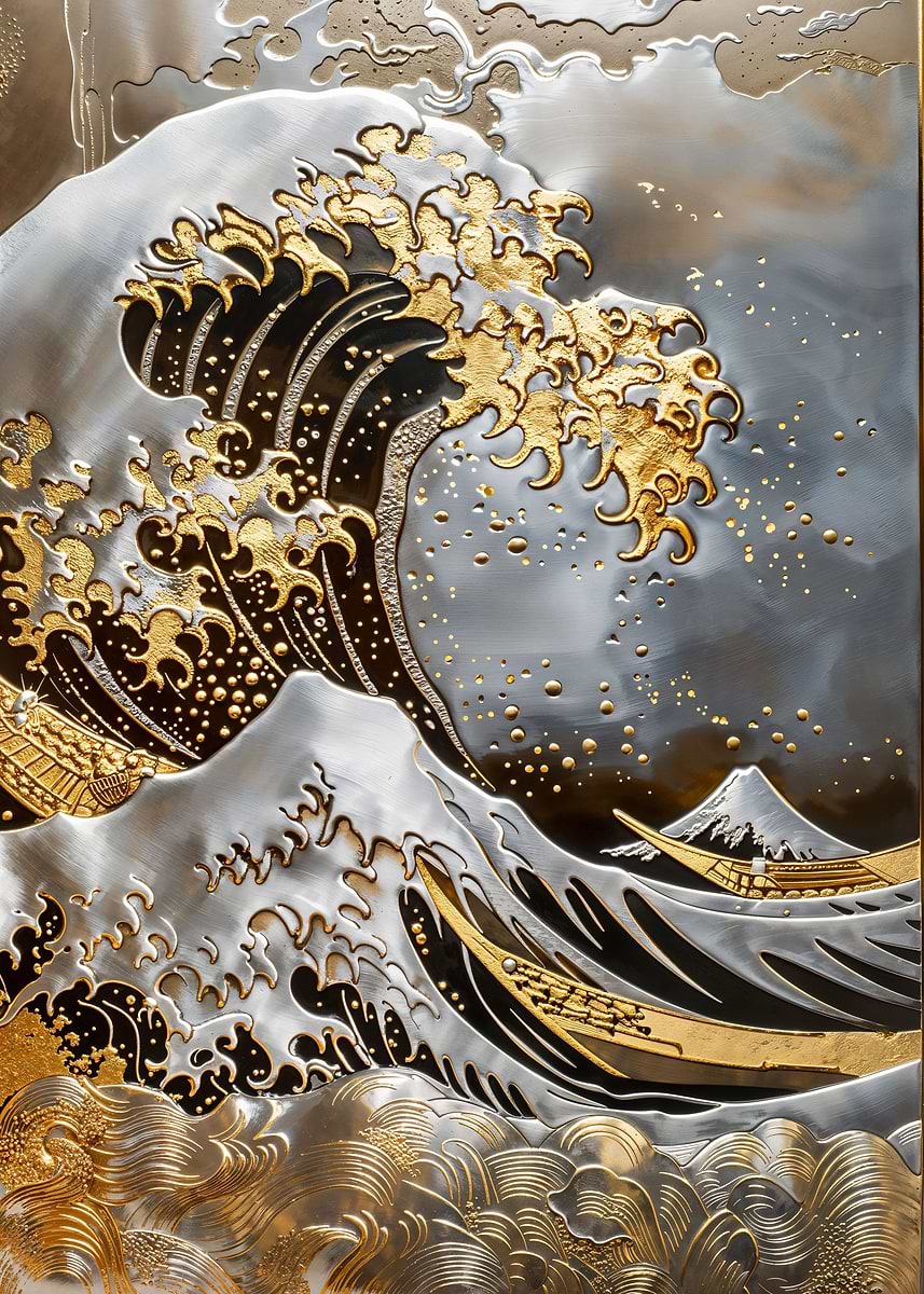 Precious Metal Japan Wave — from the Precious Metal Reforged collection, a Pixaverse metal print
