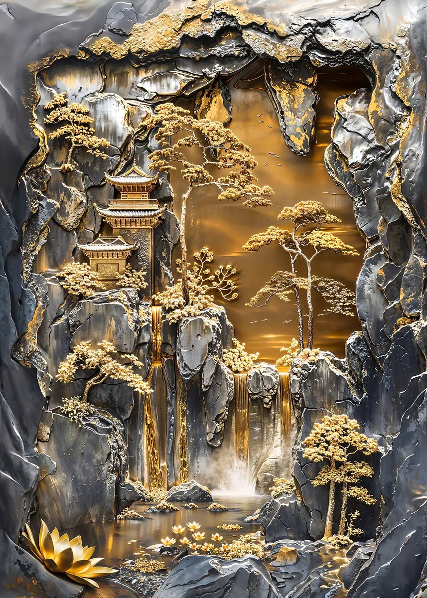 Golden Lotus Zen Garden — from the Precious Metal Reforged collection, a Pixaverse metal print