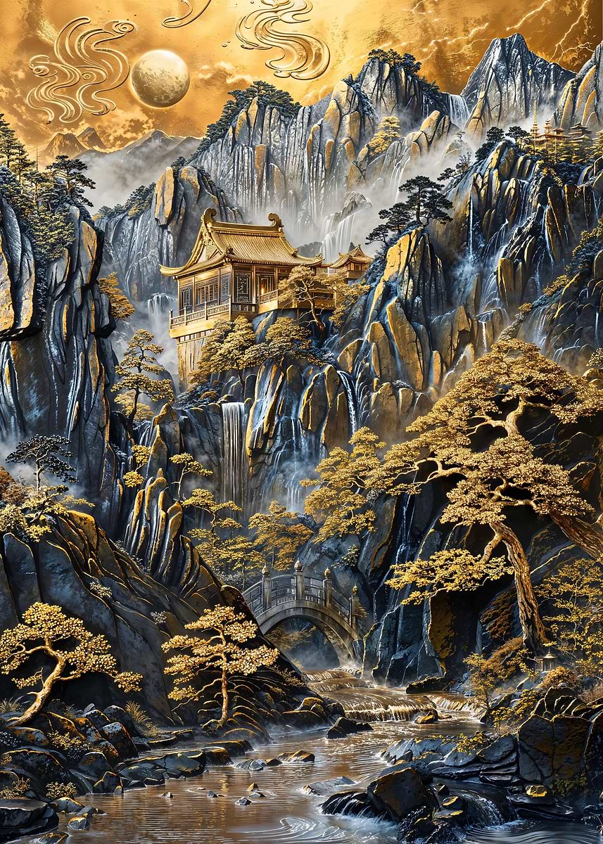 Radiant Mountain Sanctuary — from the Precious Metal Reforged collection, a Pixaverse metal print