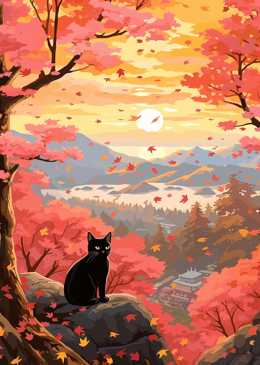 Cat Japanese Landscape' Poster, picture, metal print, paint