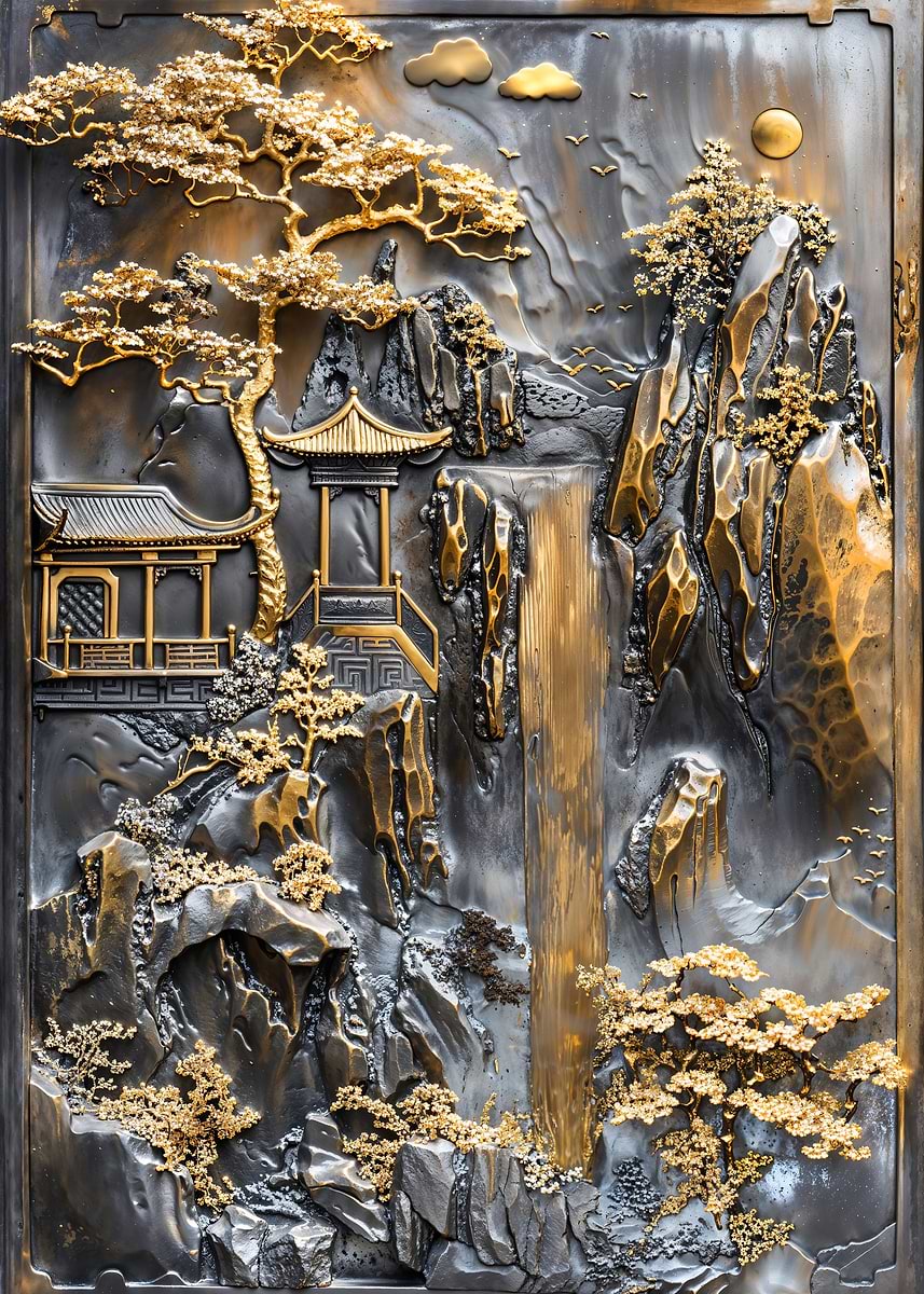 Mystical Golden Zen Temple — from the Precious Metal Reforged collection, a Pixaverse metal print