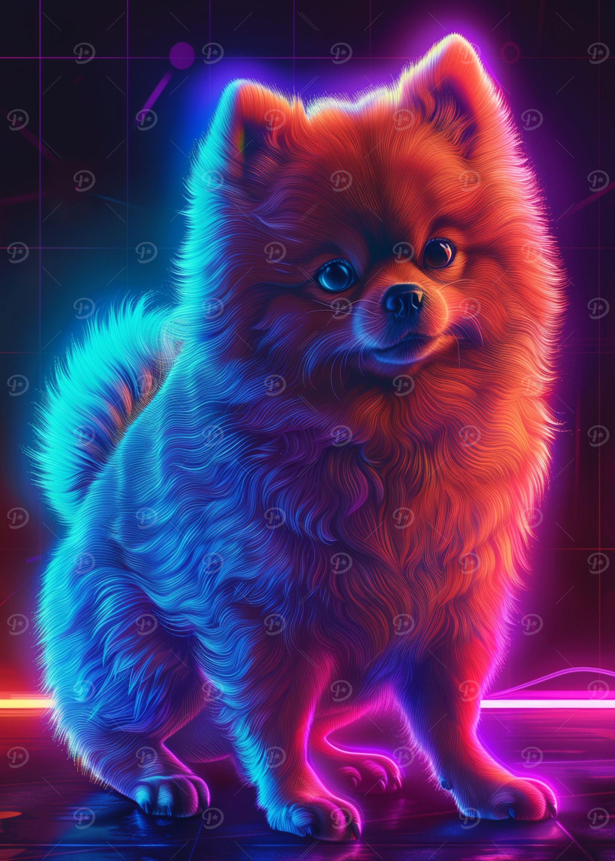 Pomeranian Neon Cyber Dog' Poster, picture, metal print, paint by